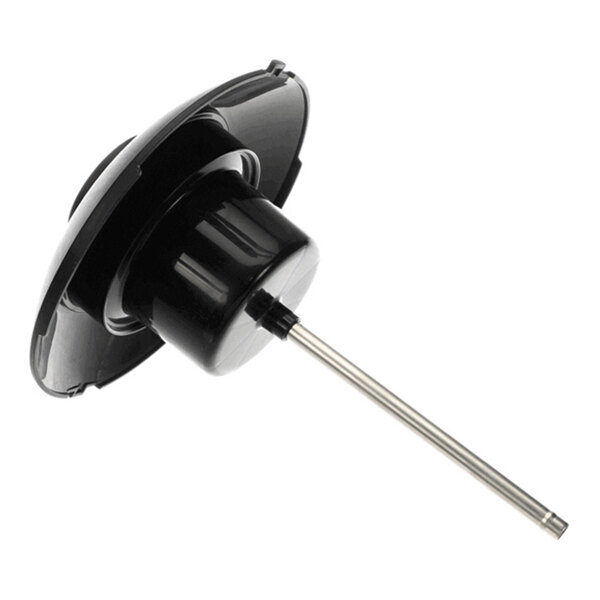 A black plastic and metal lid assembly with a long metal rod extending from its center.