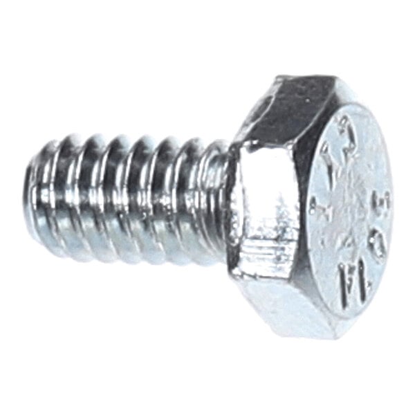 A close-up view of a metallic hex bolt with a partially threaded shaft and markings on the head.
