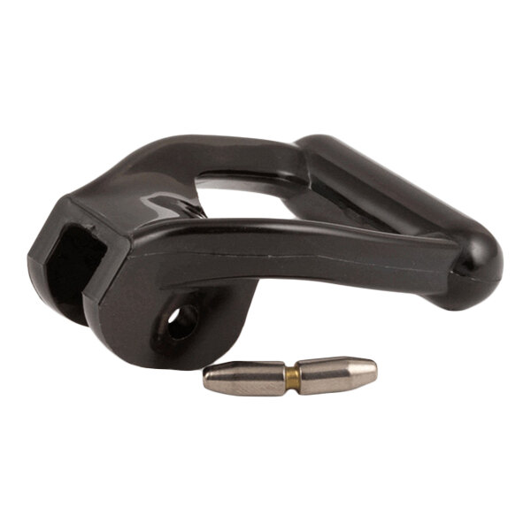 A black handle assembly with a small metallic pin placed in front of it, shown against a white background.
