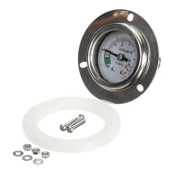 A round pressure gauge with a metal mounting plate, accompanied by a translucent gasket, screws, washers, and nuts.