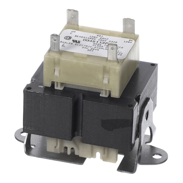 A rectangular electrical transformer with a beige top section featuring four metal terminals and a black lower section mounted on a metal bracket.