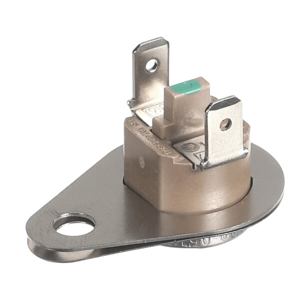 A small metallic and plastic component with two flat metal terminals and a mounting flange with a hole for attachment.