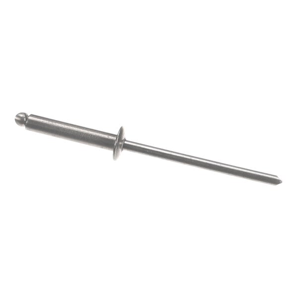 A single metallic blind rivet with a round head and a long pin, photographed on a white background.