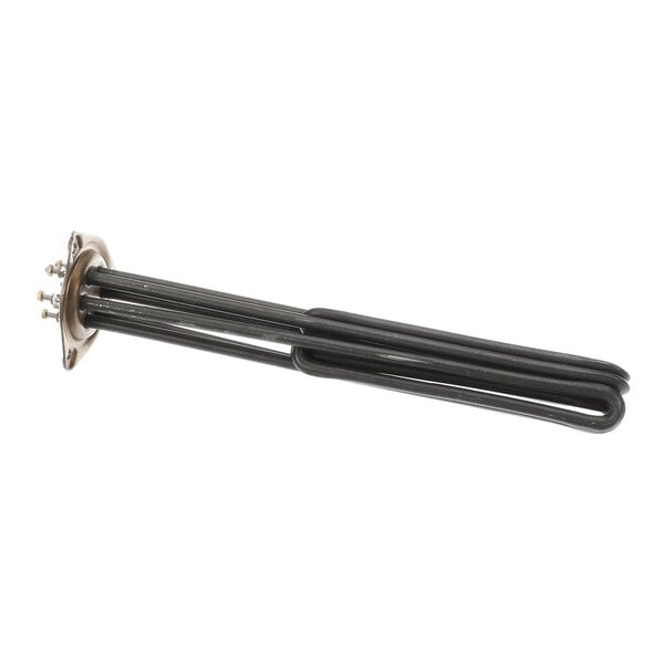A metal heating element with a flange and electrical connectors on one end, featuring multiple bent rods extending outward.