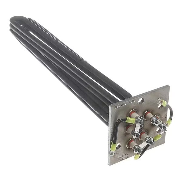 A metal heating element assembly with multiple black tubular rods attached to a rectangular mounting plate featuring electrical terminals and wiring.