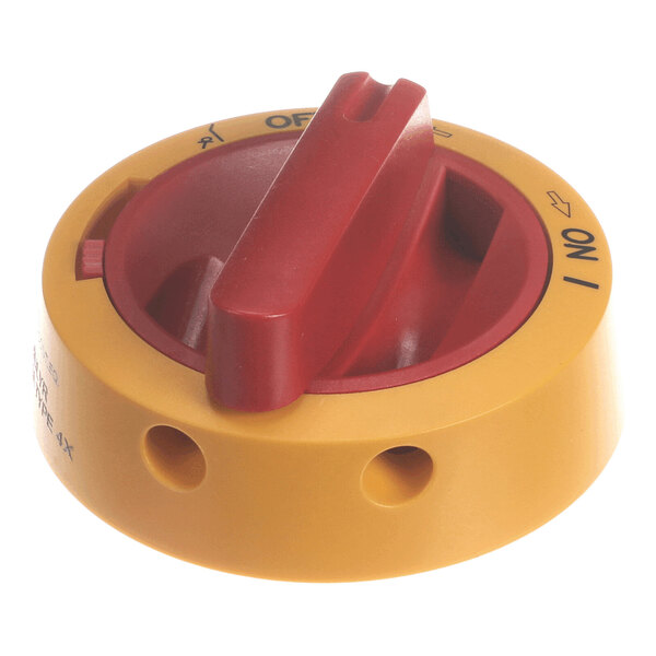 A round, yellow and red control knob with labeled ON and OFF positions and three holes on the yellow base.