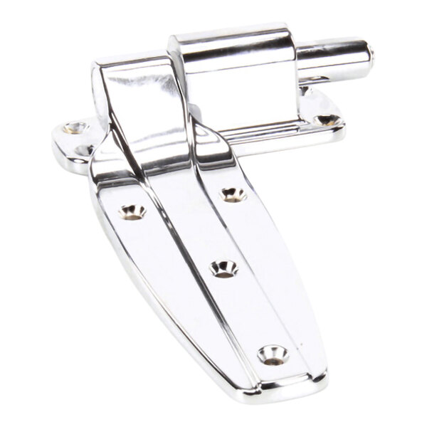A shiny, metallic hinge with a long strap and multiple screw holes, designed for flush mounting.