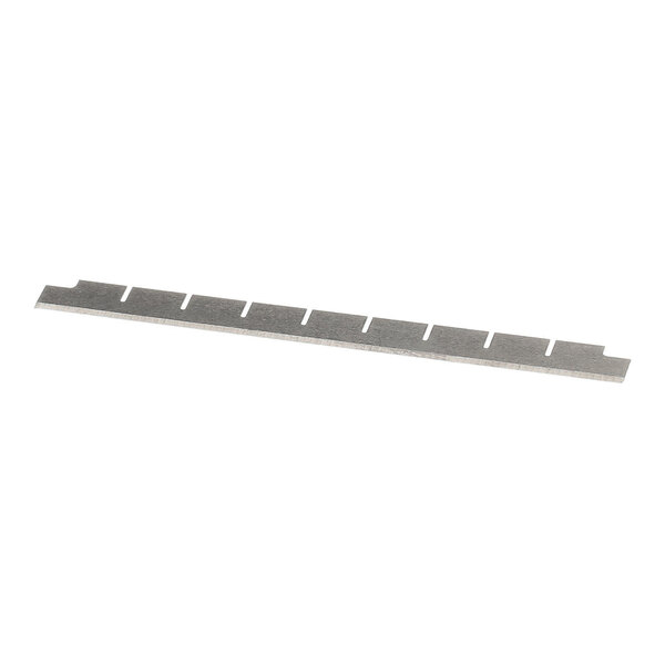 A thin, straight metal blade with evenly spaced notches along one edge.
