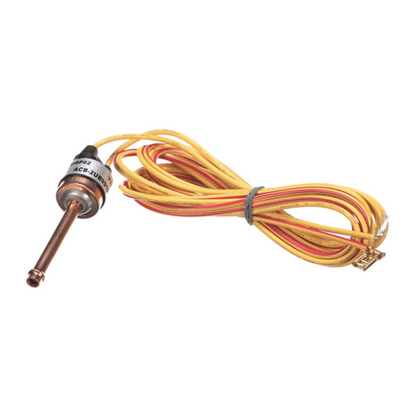 A small cylindrical metal component with a protruding rod and attached yellow and red wires, coiled and secured with a twist tie.