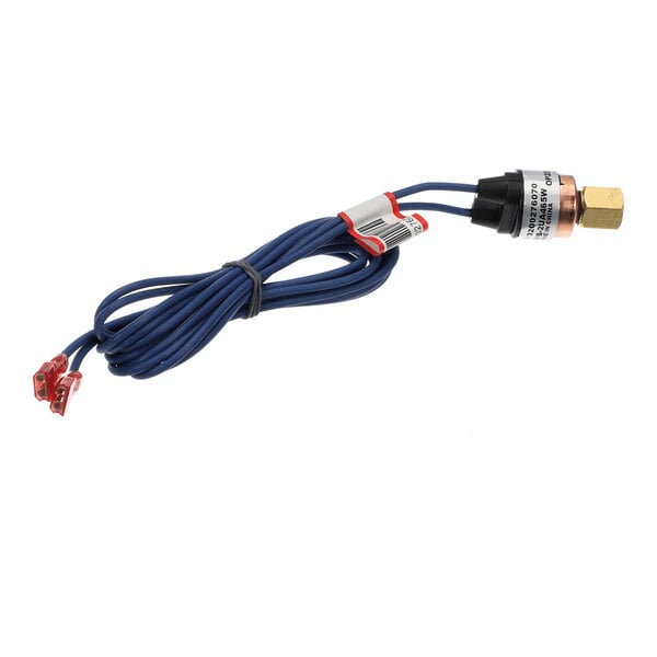 A small electronic component with a brass fitting, two blue wires, and red connectors at the ends.