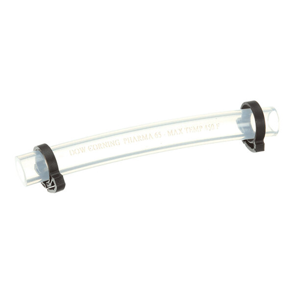 A transparent curved tube with two black clamps attached at each end, featuring faint printed text along its length.