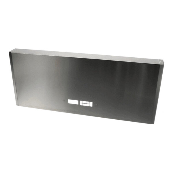 A rectangular metallic panel with a cutout section in the center, likely intended for control buttons or a display.