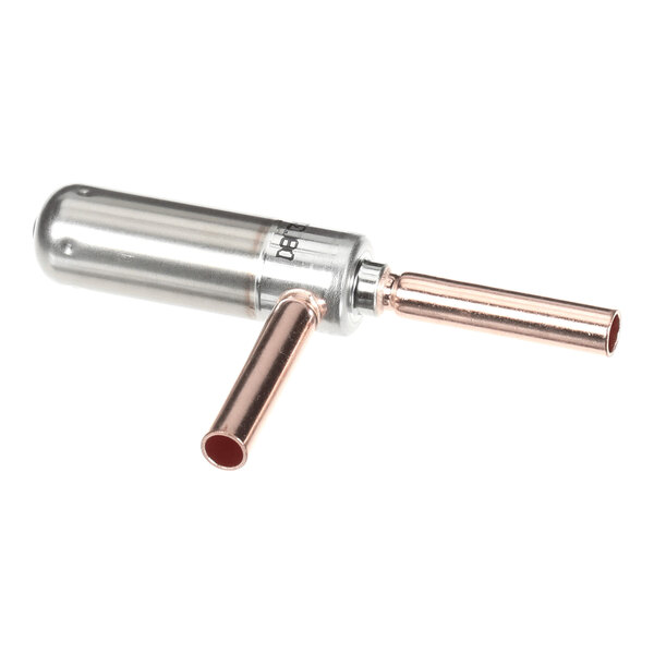 A metallic cylindrical component with two copper tubes extending from it at different angles.