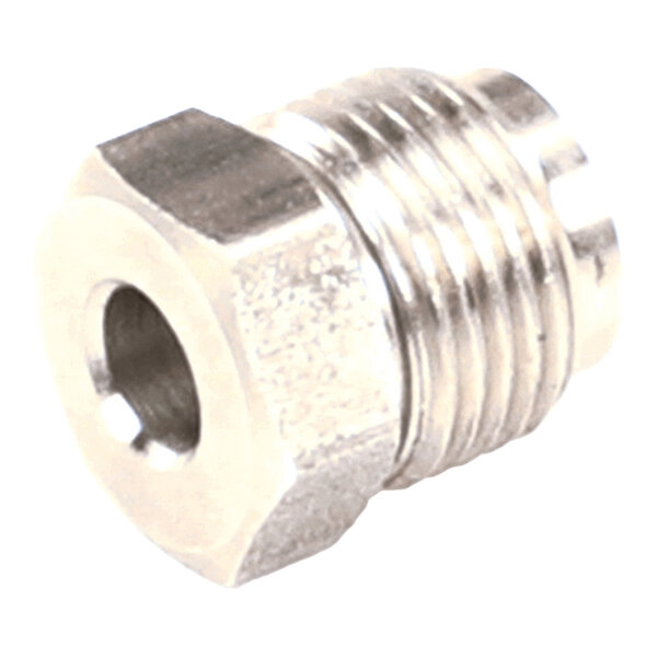 A metallic, hexagonal-shaped threaded fitting with a central hole, likely used for connecting pipes or tubes.