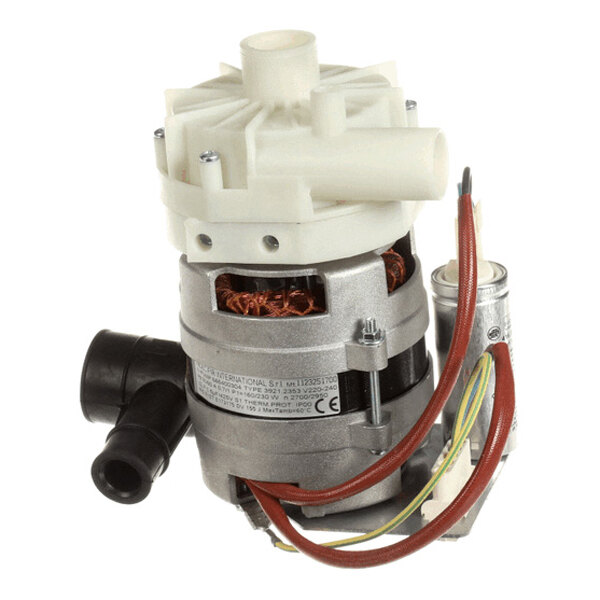 A compact electric pump assembly with visible wiring, a metal housing, and plastic inlet and outlet ports.