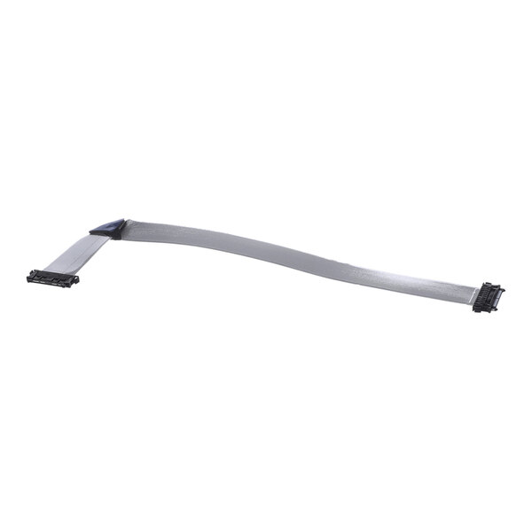 A flat, gray ribbon cable with connectors on both ends, laid out on a white background.