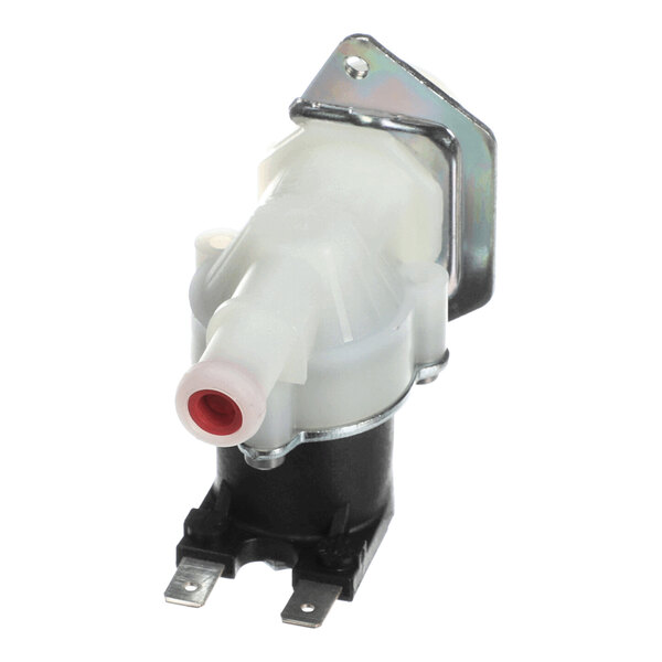 A small solenoid valve with a white plastic body, metal mounting bracket, and two electrical terminals at the base.