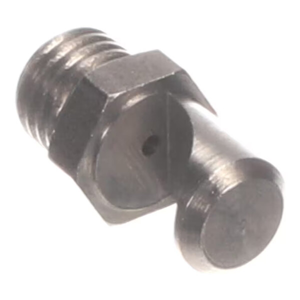 A small metallic component with a threaded end, a hexagonal middle section, and a cylindrical protrusion with a small hole, likely used for spraying or jetting fluids.