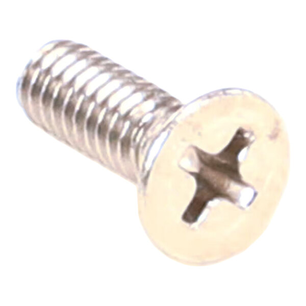 A metallic Phillips flat head screw with a threaded shaft.