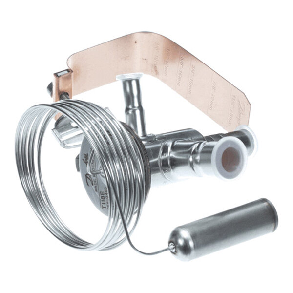 A metallic valve assembly with coiled tubing, a cylindrical component, and a copper bracket.