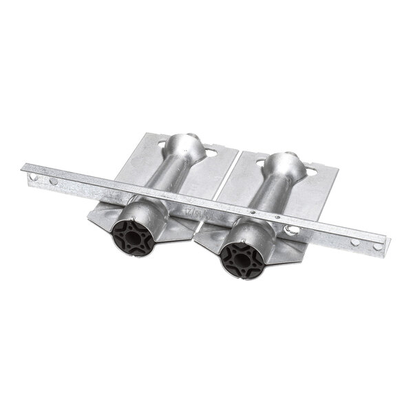 A metal assembly with two cylindrical burner sections mounted on rectangular plates, connected by a horizontal metal bar.