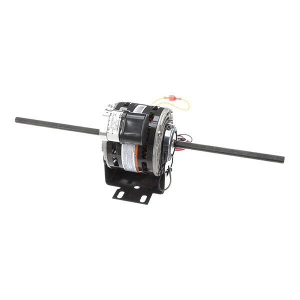 A cylindrical electric motor with a central mounting bracket and two long shafts extending from either side, along with visible wiring and labels.