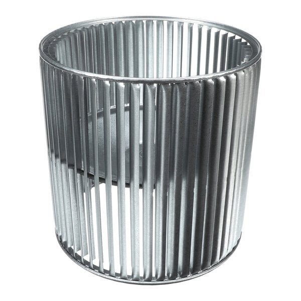 A cylindrical metal fan wheel with evenly spaced vertical blades and an open center.