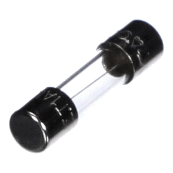 A small cylindrical glass fuse with metal caps on both ends.