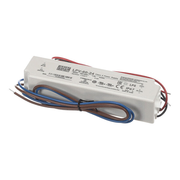 A rectangular electronic power supply unit with multiple colored wires extending from both ends and printed technical specifications on the top surface.
