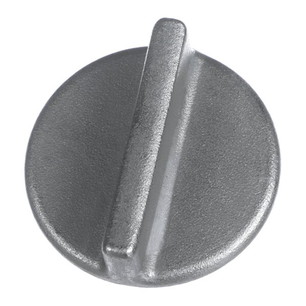 A round, metallic thumbscrew with a raised, straight grip across the center.