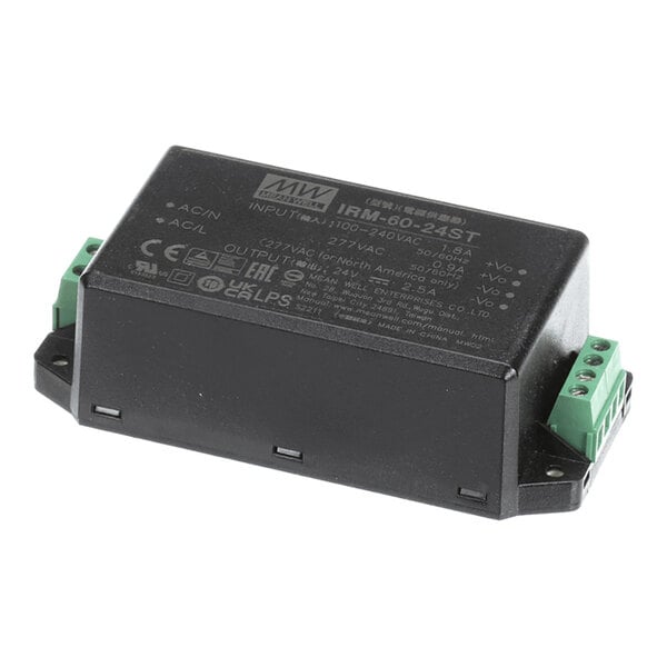 A rectangular black electronic power supply module with green terminal connectors on each end and white printed specifications on the top surface.