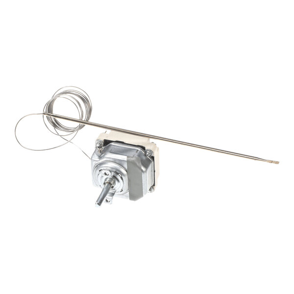 A metal thermostat component with a long, thin probe and a coiled wire attached to a rectangular base.