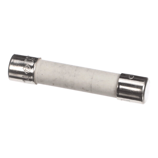 A cylindrical fuse with metal caps on both ends and a white ceramic body.