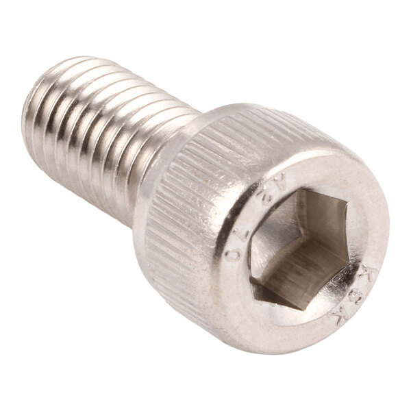 A metallic socket head cap screw with a hexagonal drive and threaded body.