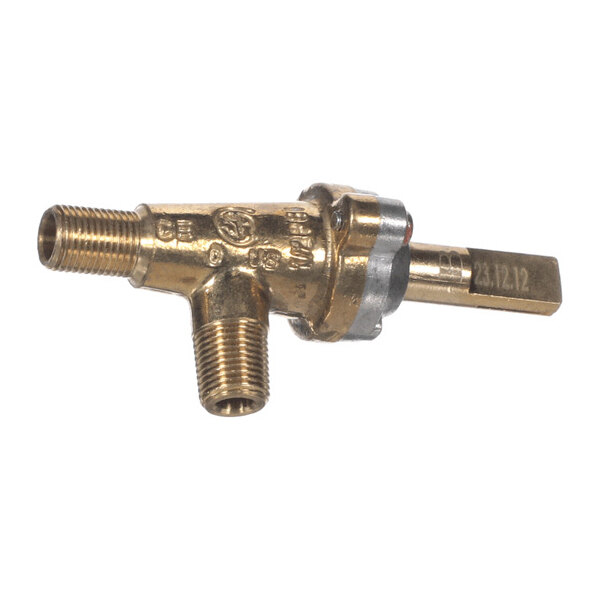 A brass manual control valve with threaded connections and a rectangular handle.