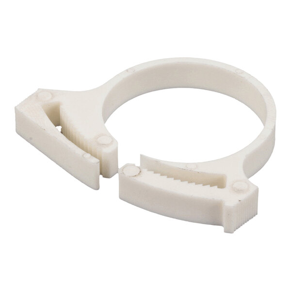 A white plastic clamp with a circular opening and interlocking serrated jaws.