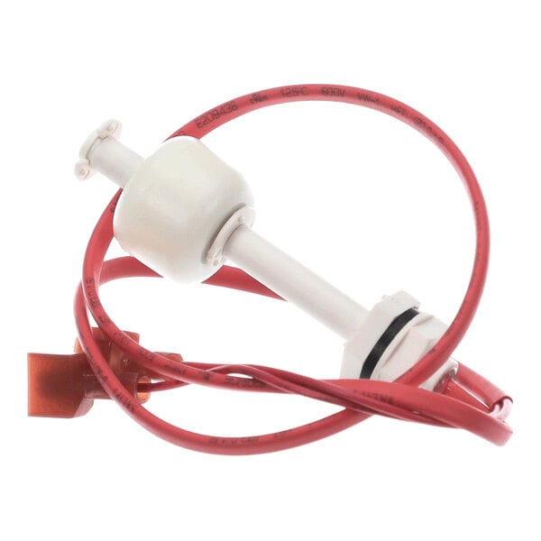 A white cylindrical float switch with an attached red electrical wire and connector.