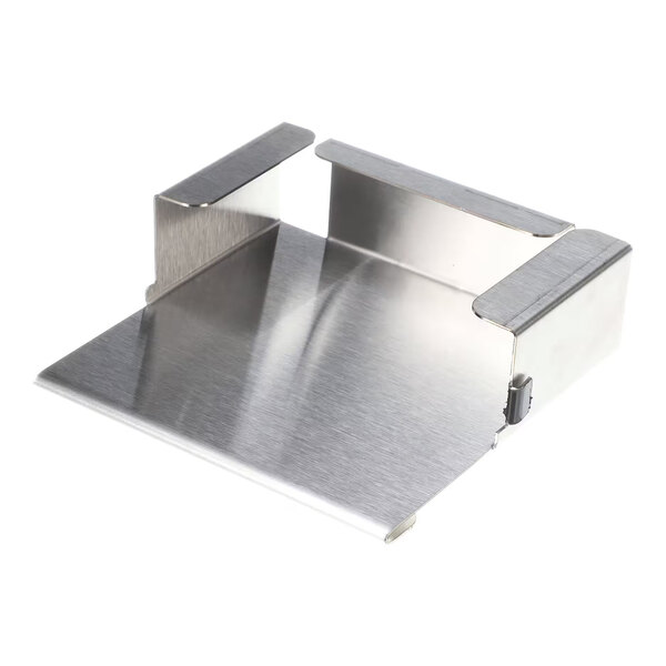 A stainless steel holder with a flat base and raised sides, designed to hold a tool such as a scraper.