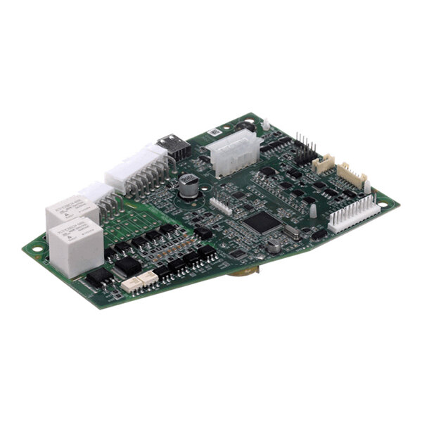A green printed circuit board with various electronic components, connectors, and relays mounted on it.
