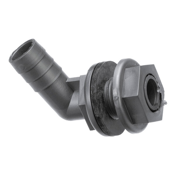 A black plastic angled fitting with a threaded bulkhead and hose barb connection.