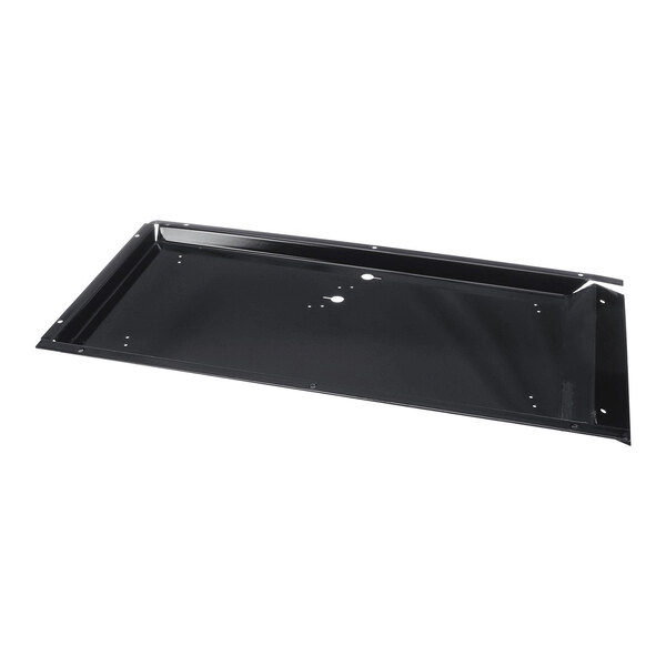A rectangular, black, metal tray with raised edges and several small holes.