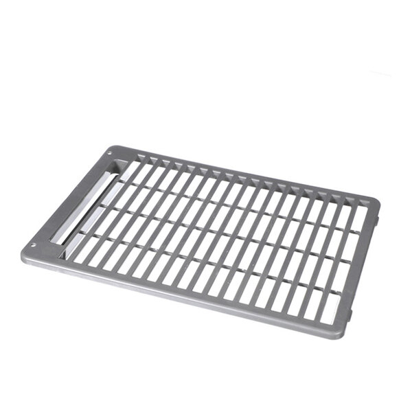 A rectangular, gray, slotted metal or plastic cover with parallel bars and a solid border, likely used as a filter cover.