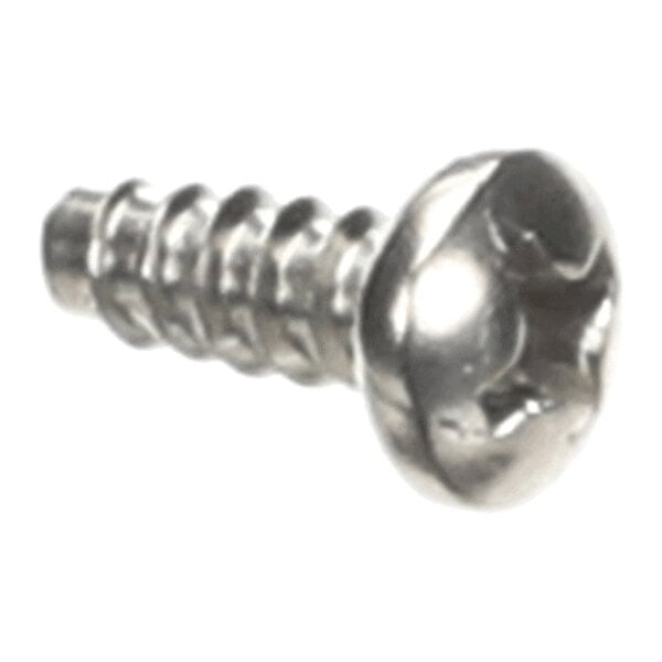 A close-up of a metallic Phillips pan head screw with a threaded shaft.