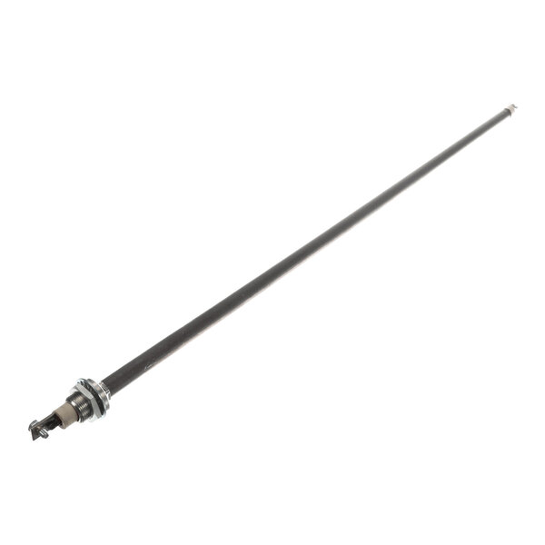 A long, cylindrical metal rod with a threaded end and attached hardware, likely an industrial heating element.