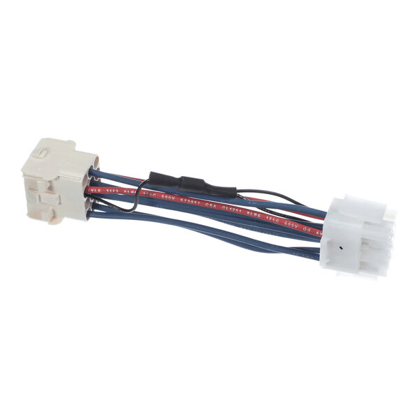 A short electrical wiring harness with two plastic connectors and several colored wires.