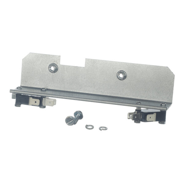 A metal bracket assembly with two attached electrical switches and two screws with washers placed in front of it.