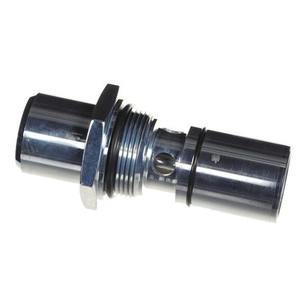 A shiny metallic cylindrical valve component with threaded and smooth sections, a hexagonal nut, and visible O-rings.