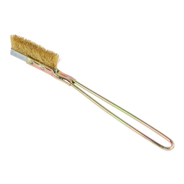A slim brush with brass bristles and a long metal handle.