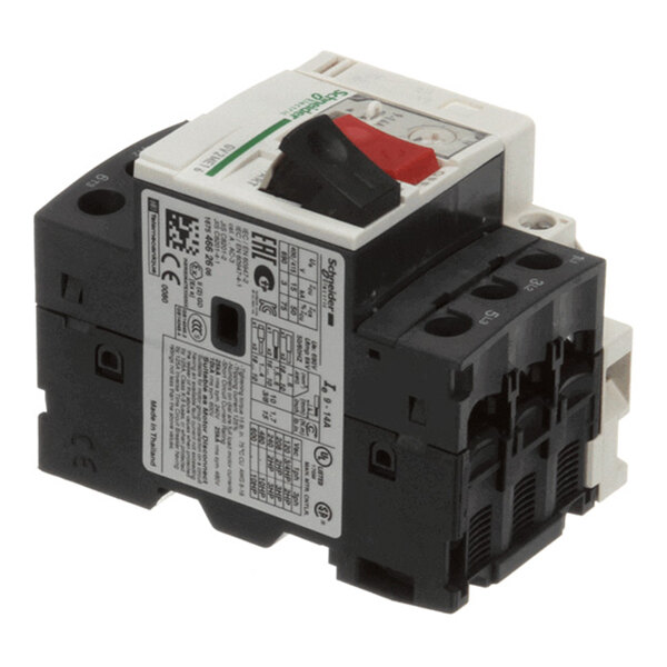 A compact electrical device with a black and white body, featuring a red and black switch on top, multiple connection ports, and a detailed label with technical specifications.