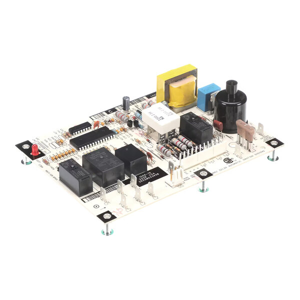 An electronic circuit board with various components including relays, capacitors, resistors, and connectors mounted on a white base.